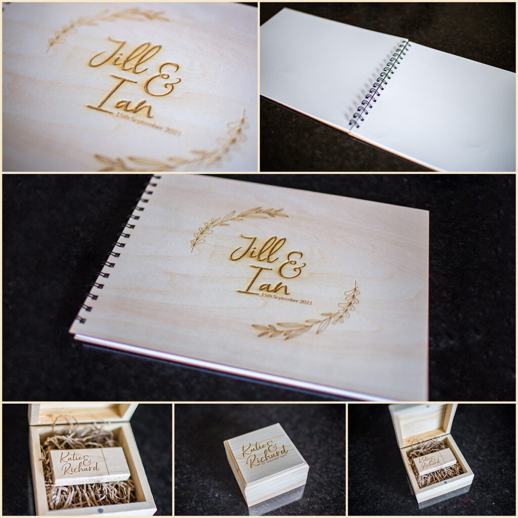 a4 plywood guestbook and personalised usb in custom presentation box